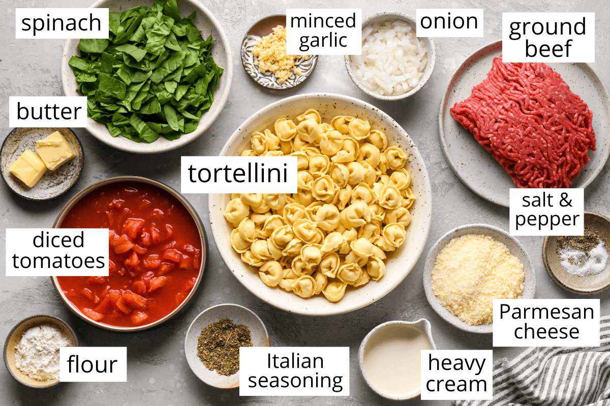 overhead photo of the labeled ingredients in this Ground Beef Tortellini recipe like tortellini, spinach, diced tomatoes, ground beef, and italian seasoning