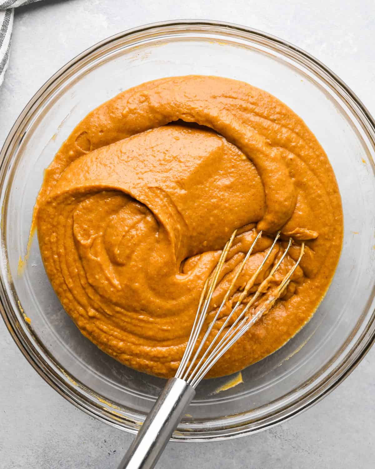 Pumpkin Chocolate Chip Bread batter after whisking the dry ingredients into the wet ingredients 
