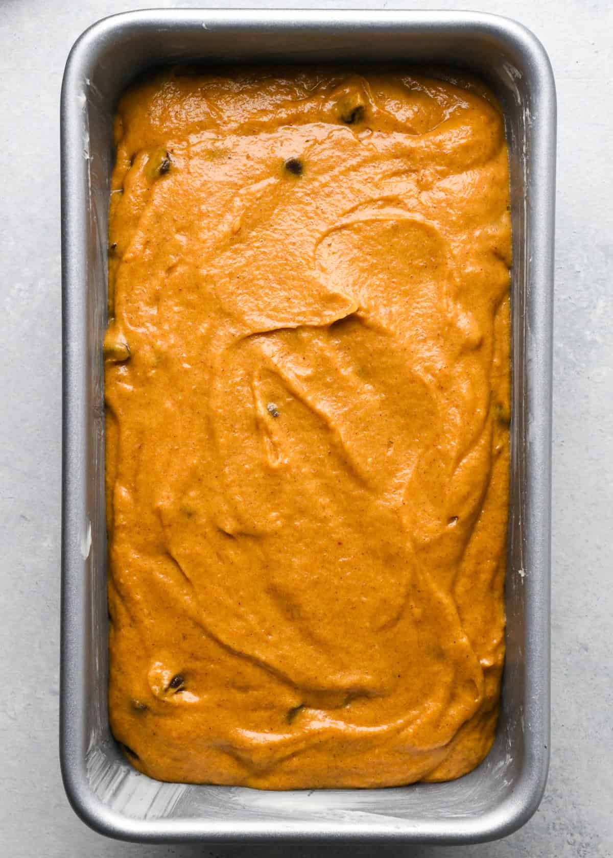 Pumpkin Chocolate Chip Bread in a loaf pan before baking