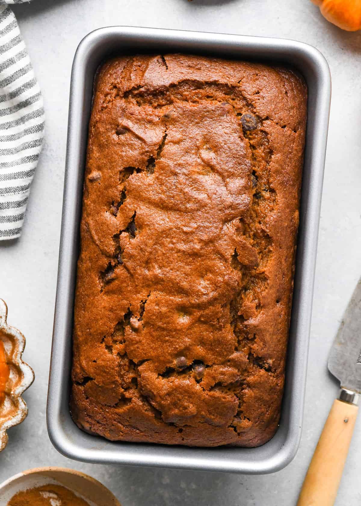 Pumpkin Chocolate Chip Bread in a loaf pan after baking