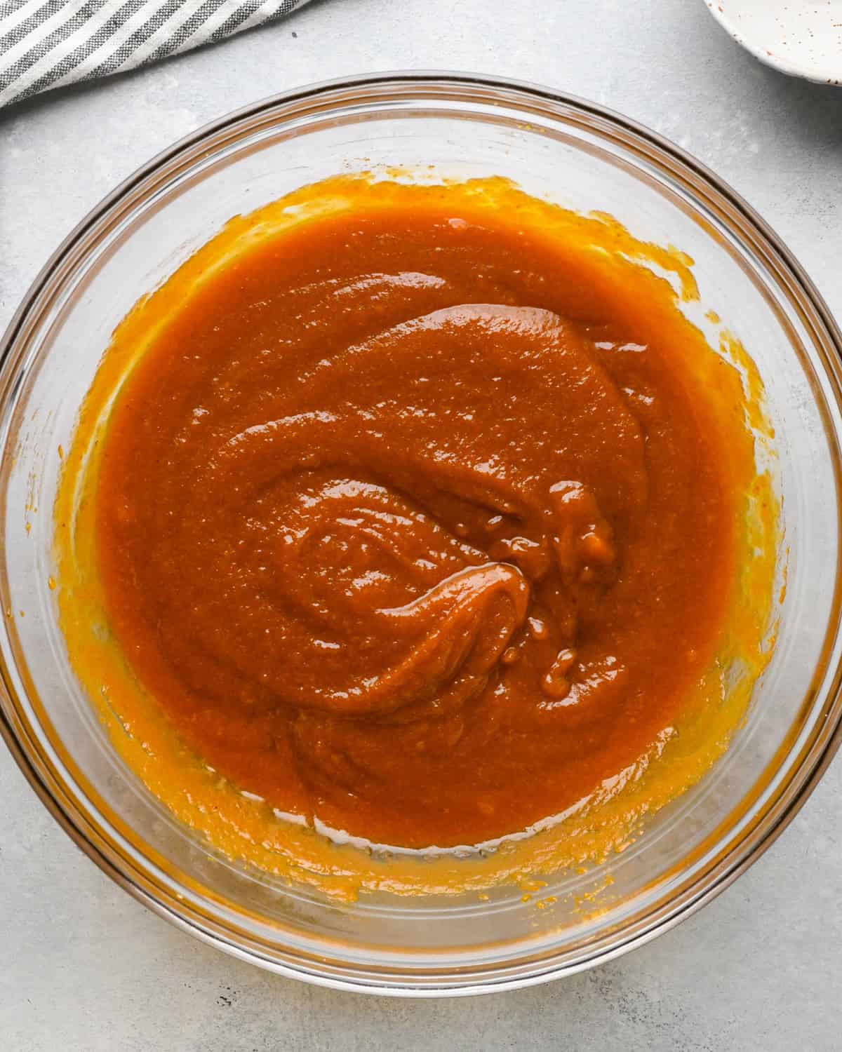 making Pumpkin Chocolate Chip Bread - wet ingredients after sugars are whisked in