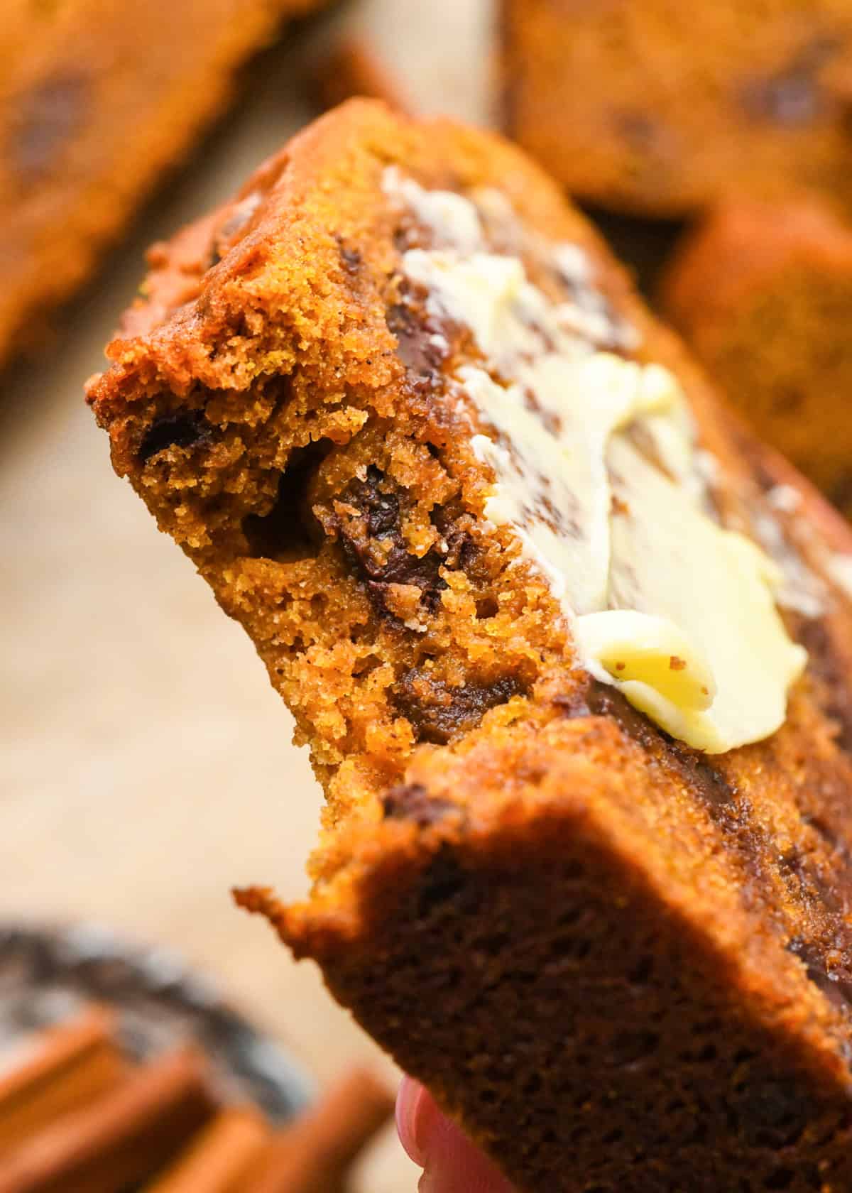 close up photo of a piece of chocolate chip pumpkin bread with a bite taken out of it and butter on top