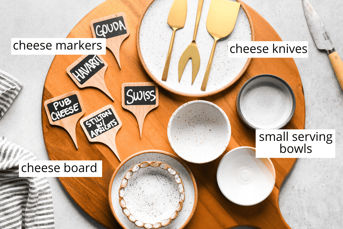 the labeled equipment needed to make this basic charcuterie board