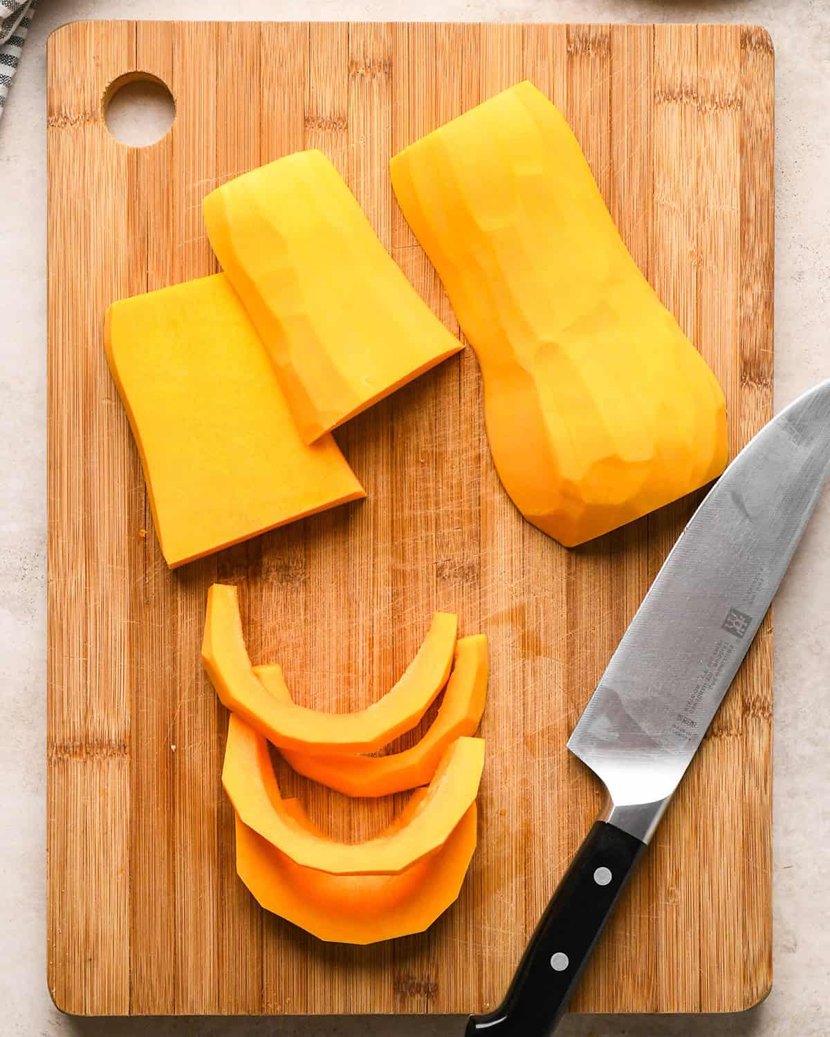 Making butternut squash risotto - slicing the butternut squash