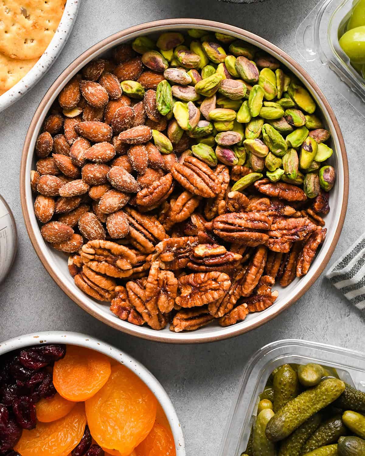 pistachios, smoked almonds and pecans in a bowl