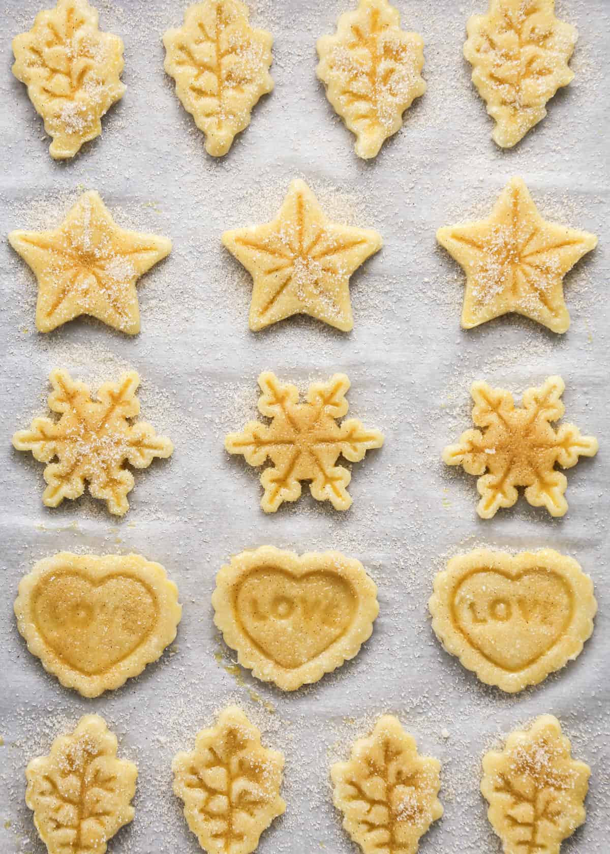 17 Pie Crust Cookies with cinnamon sugar in the shapes of hearts, stars, leaves and snowflakes arranged in 5 rows on a parchment-lined baking sheet before baking