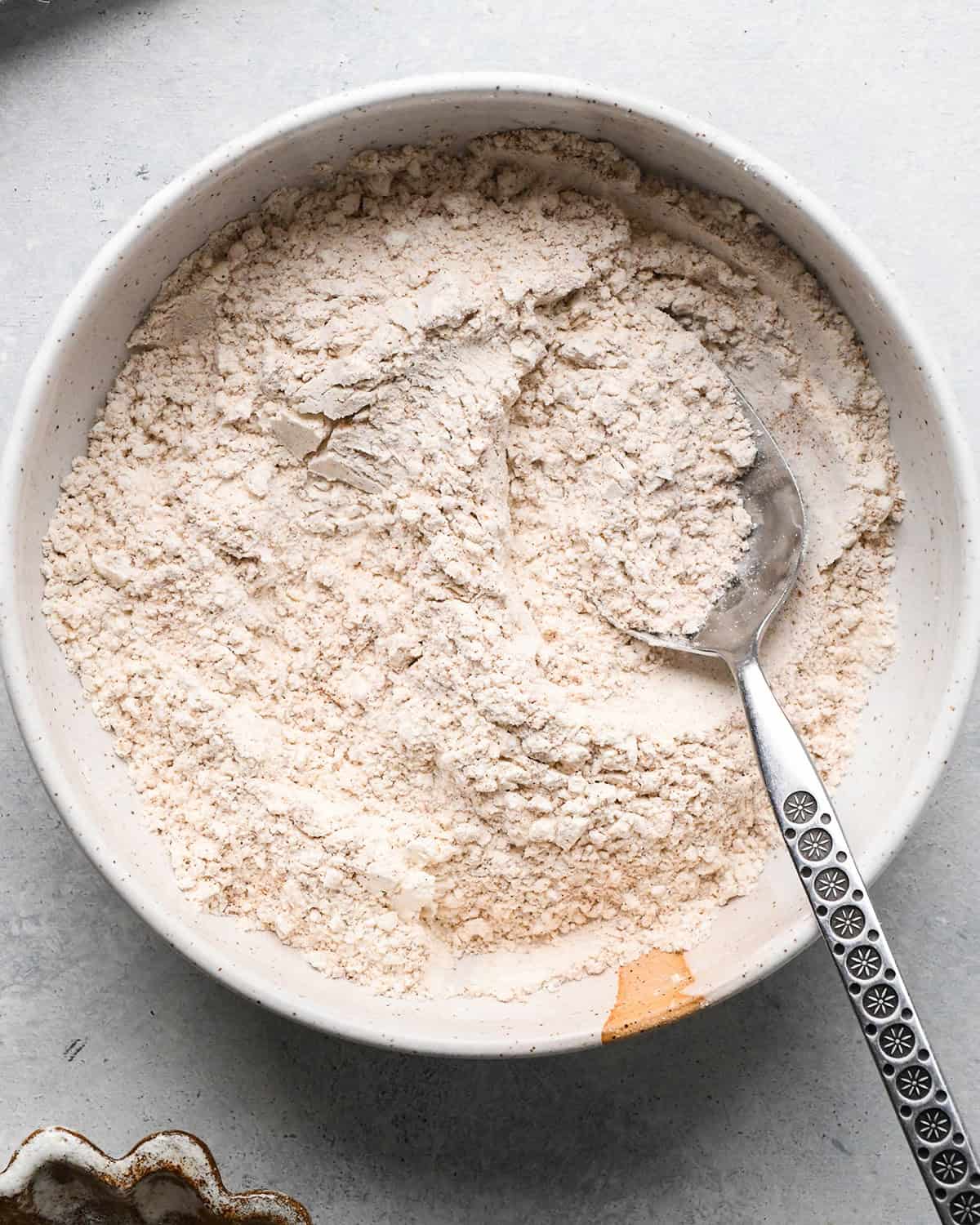 making Pumpkin Coffee Cake - dry ingredients mixed in a bowl