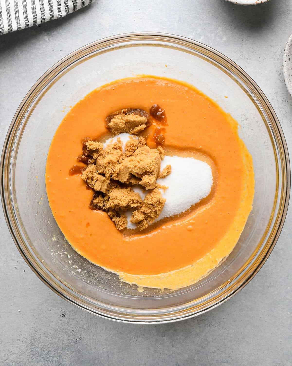 making Pumpkin Coffee Cake - sugars and vanilla added to wet ingredients before mixing