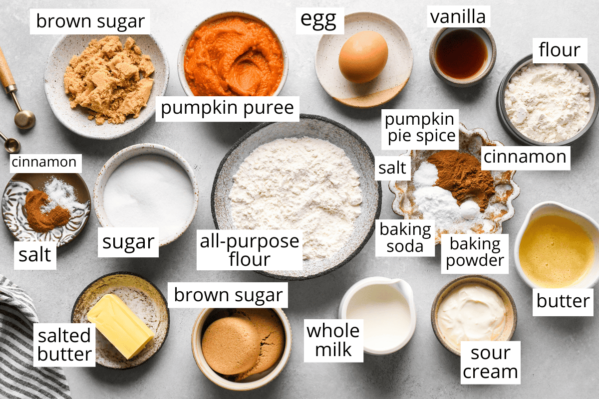 overhead photo of the labeled ingredients in this Pumpkin Coffee Cake recipe like flour, brown sugar, pumpkin puree, milk, sour cream and more.