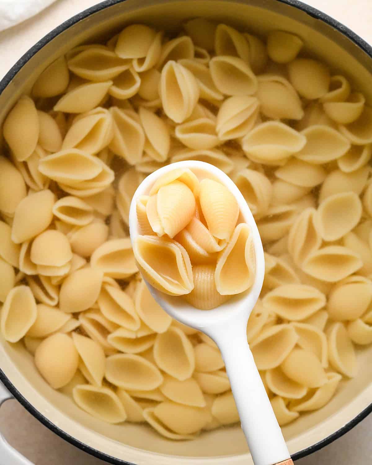 cooked shell pasta in a pot with water and a spoon holding some noodles over the pot to be used to make pumpkin mac and cheese
