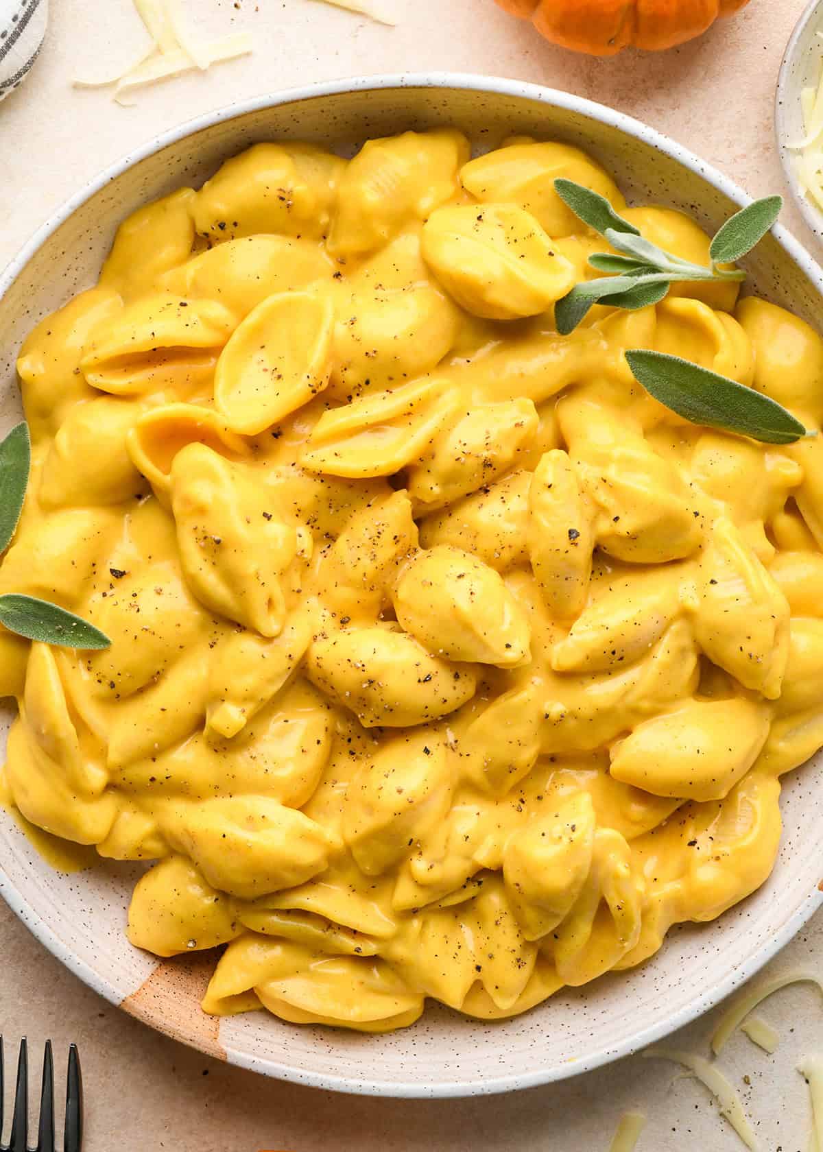 pumpkin macaroni and cheese made with shell pasta sprinkled with black pepper and garnished with fresh sage leaves in a speckled ceramic bowl, with shredded cheese, a fork and a mini pumpkin in the background.