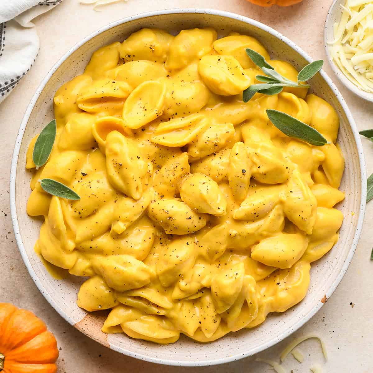 Overhead view of creamy pumpkin macaroni and cheese made with shell pasta sprinkled with black pepper and garnished with fresh sage leaves in a speckled ceramic bowl, with shredded cheese and mini pumpkins in the background.