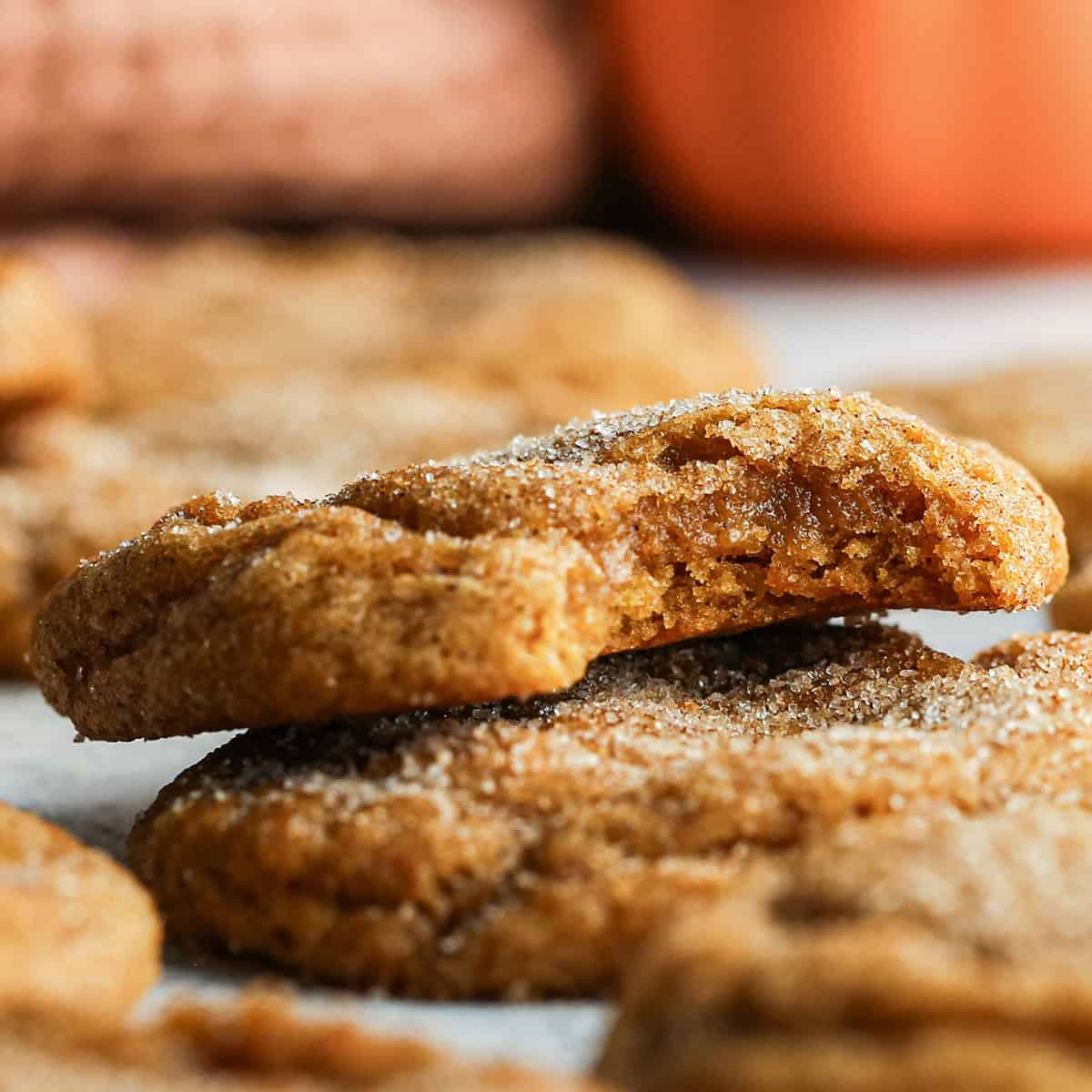 a stack of 2 of pumpkin snickerdoodles cookies coated in cinnamon sugar, with a bite taken out of the top cookie. Surrounded by a pumpkin, and more cookies