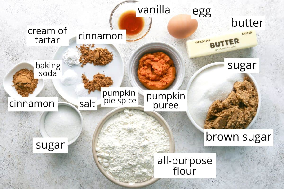 overhead photo of the ingredients in this Pumpkin Snickerdoodles recipe in bowls and labeled like flour, brown sugar, pumpkin puree, butter eggs and spices