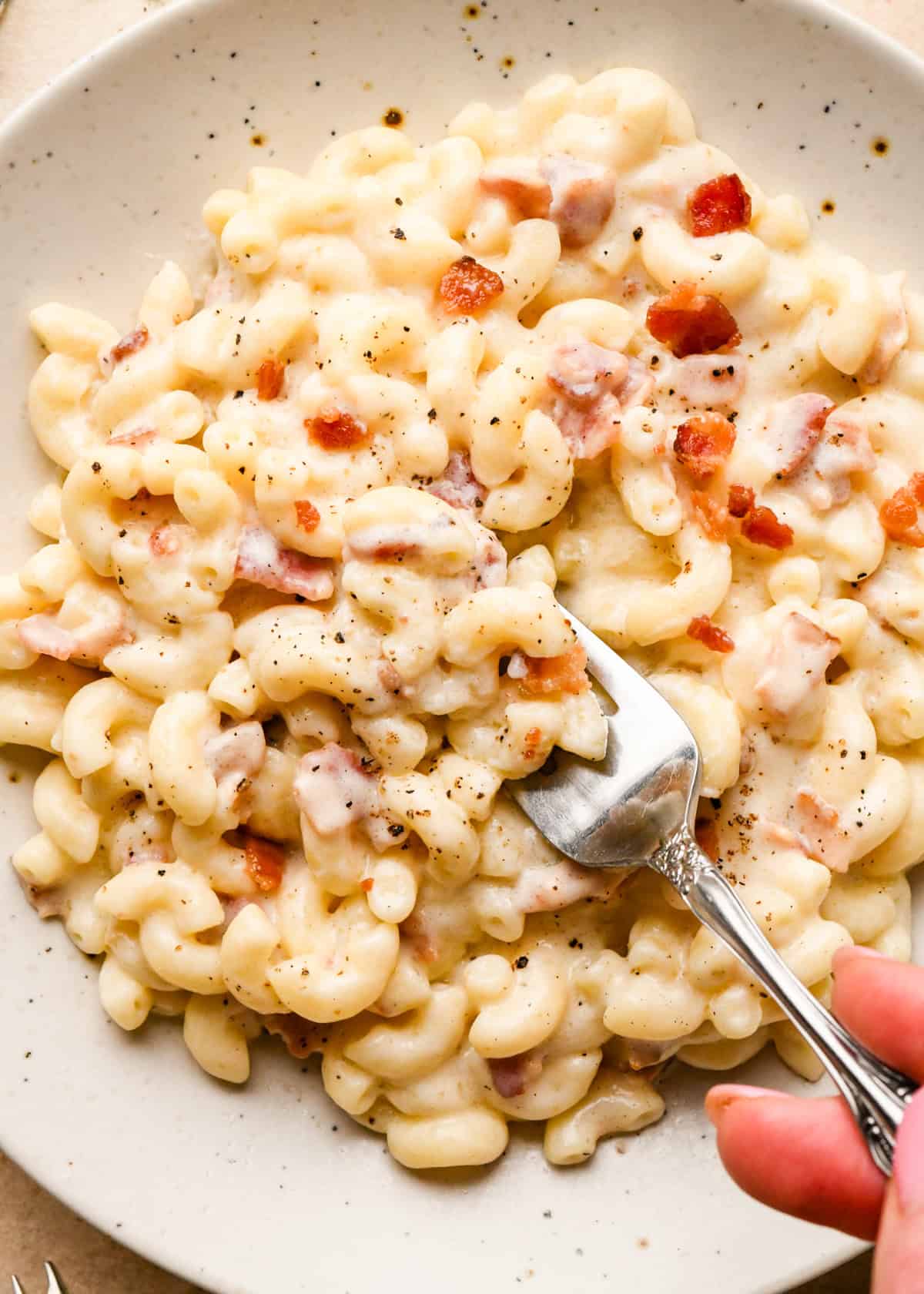 close up photo of a hand holding a fork taking a bite of  Bacon macaroni and cheese on a white speckled plate, topped with cooked bacon pieces and freshly ground black pepper