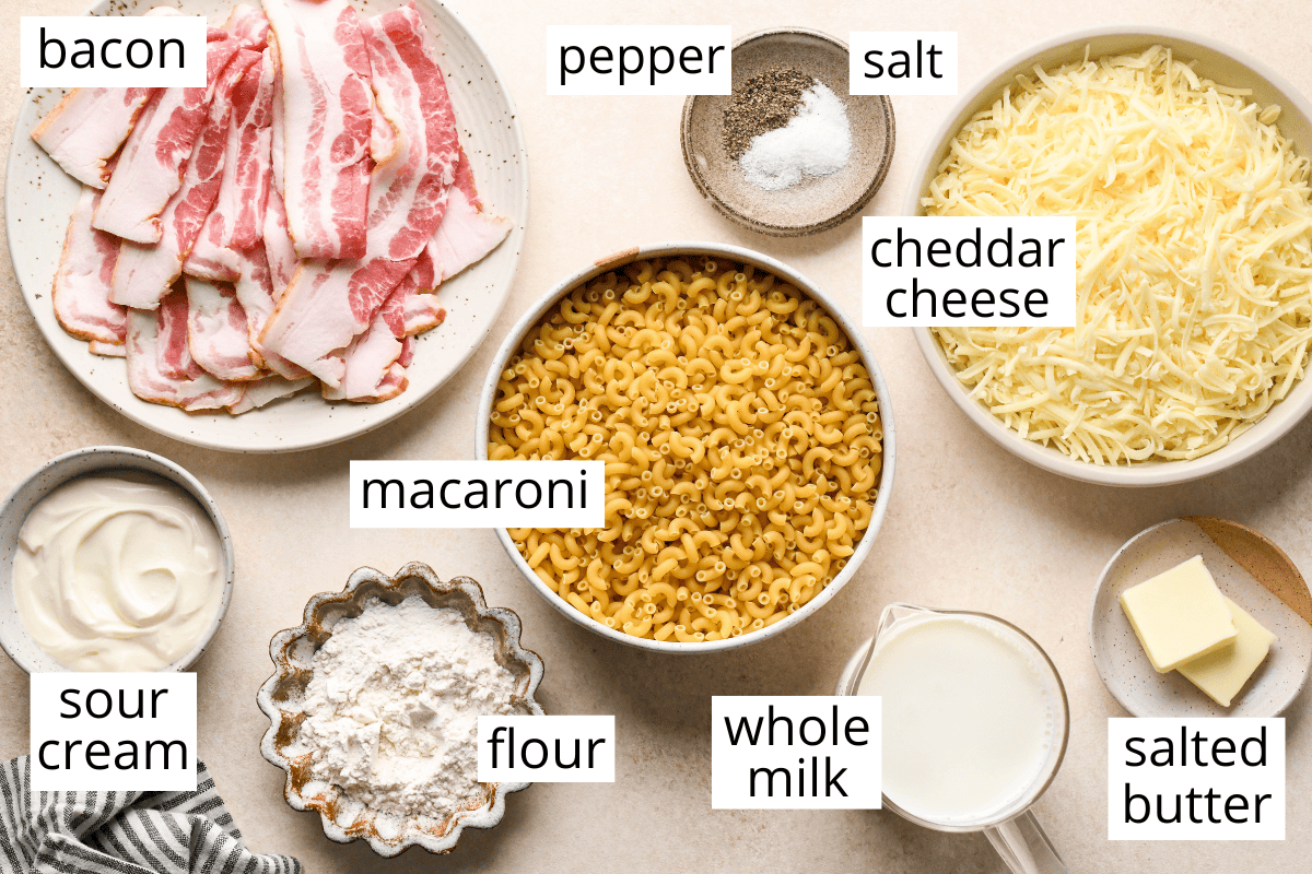 overhead photo of the ingredients in this bacon macaroni and cheese recipe in bowls and labeled. Ingredients include bacon, macaroni, cheddar cheese, whole milk salted butter flour and sour cream.