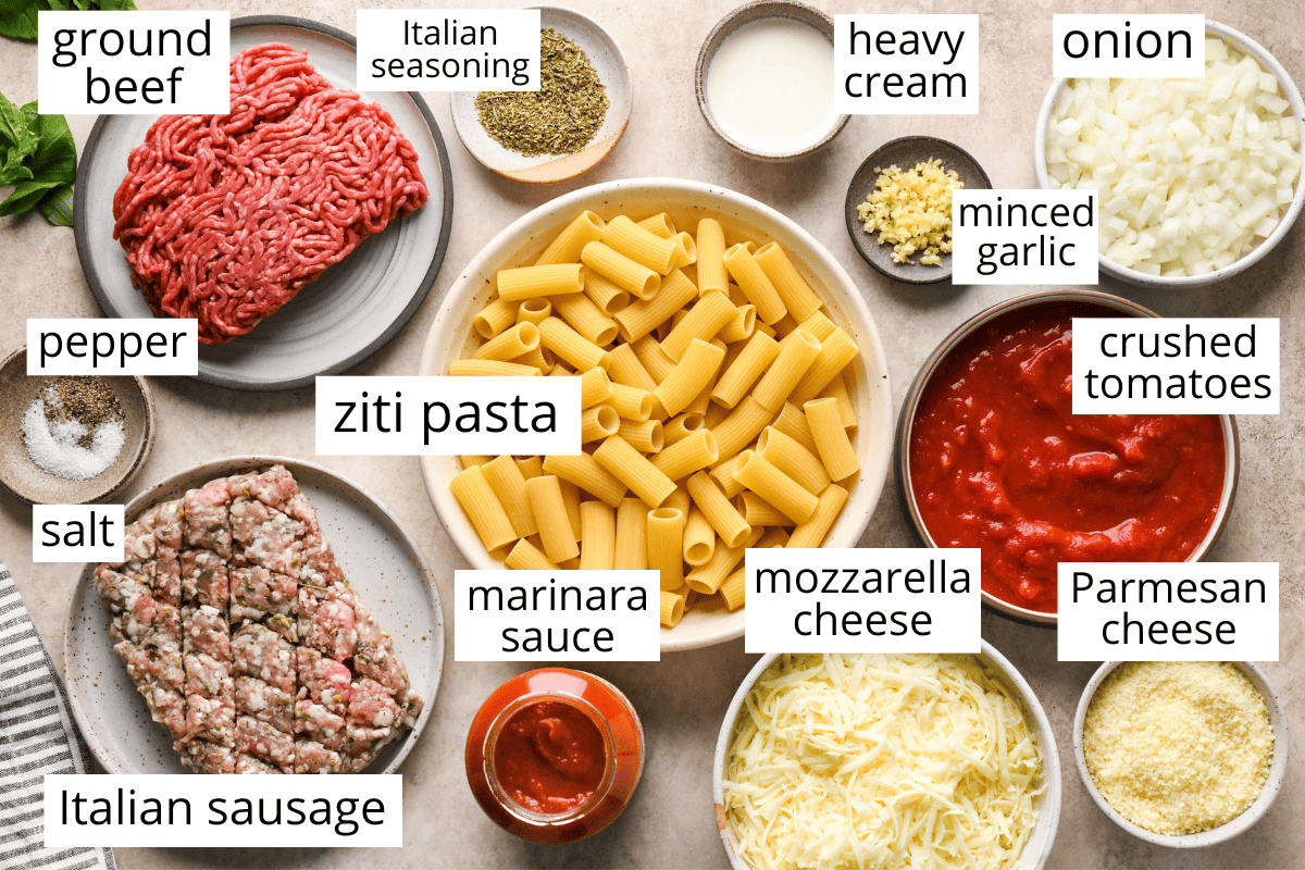the labeled ingredients in this Baked Ziti recipe like ziti pasta, ground beef, sausage, parmesan cheese, mozzarella cheese, marinara sauce and tomatoes.