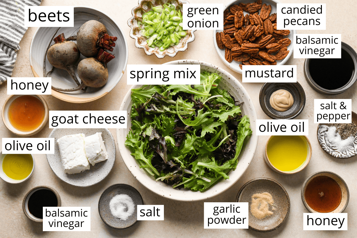 overhead photo of the ingredients in this beet salad recipe in bowls and labeled like spring mix, goat cheese, beets, honey, balsamic vinegar, and pecans.