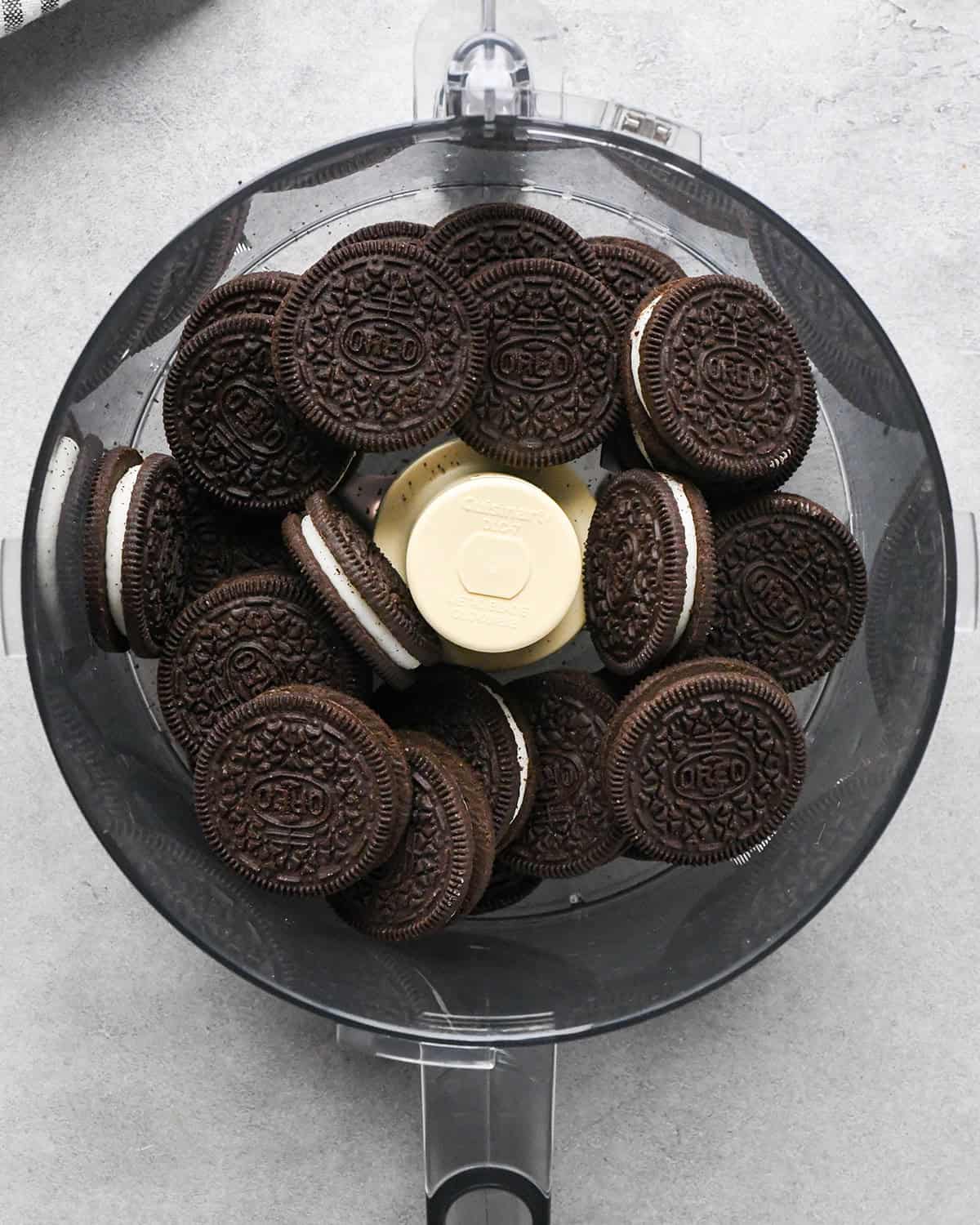 whole oreos in a food processor fitted with the "S" blade to make the oreo crust for chocolate peanut butter pie