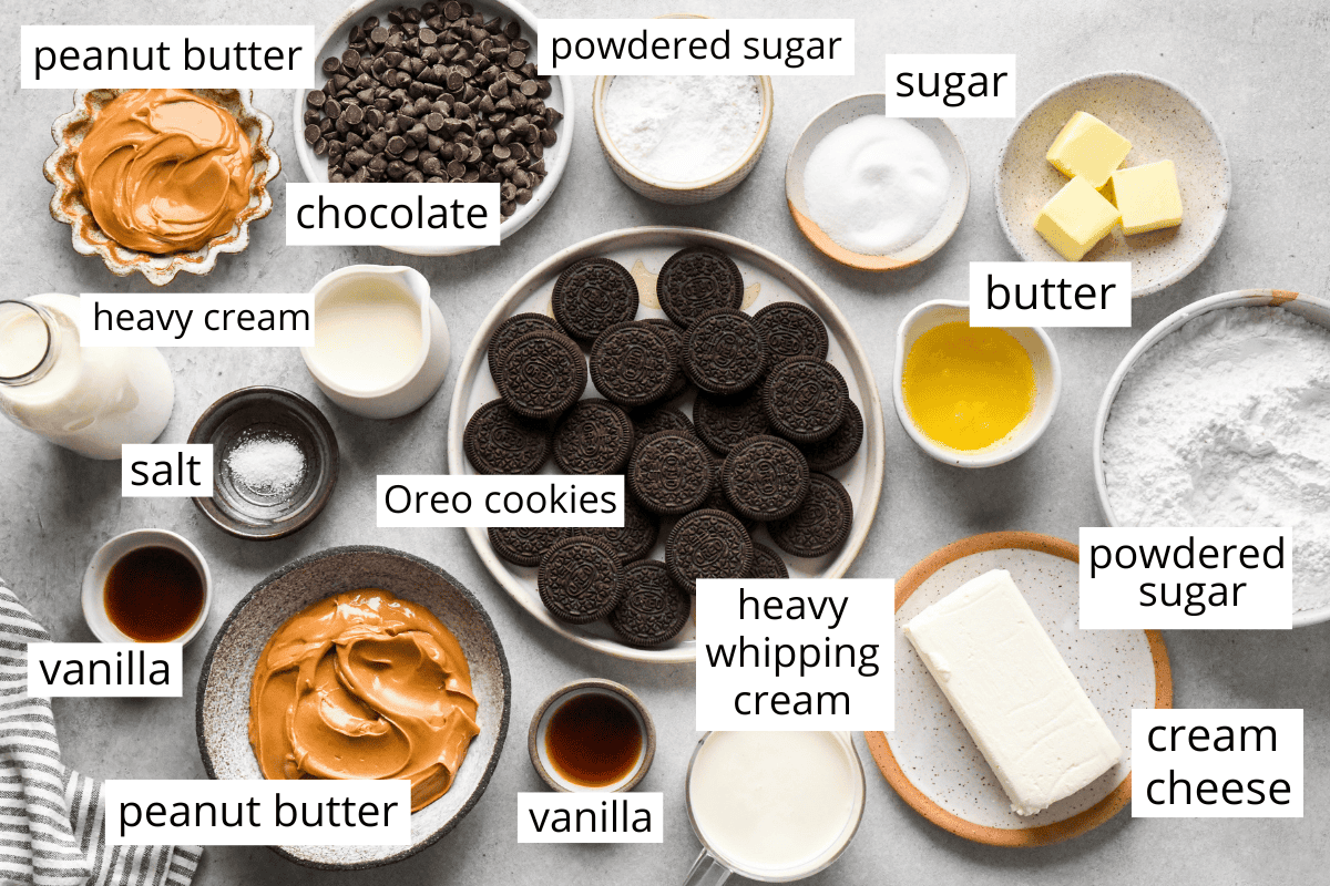 overhead photo of the ingredients in this chocolate peanut butter pie recipe in bowls and labeled.