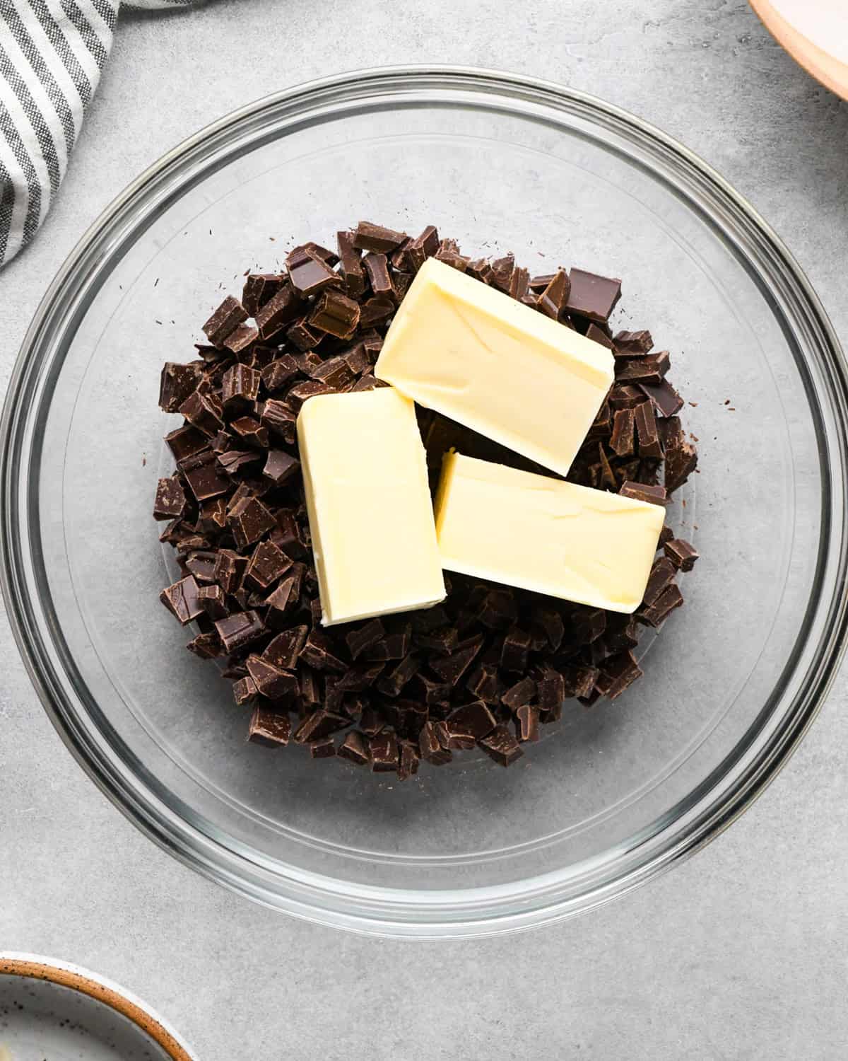 Making skillet brownies - semisweet chocolate and butter in a clear glass bowl