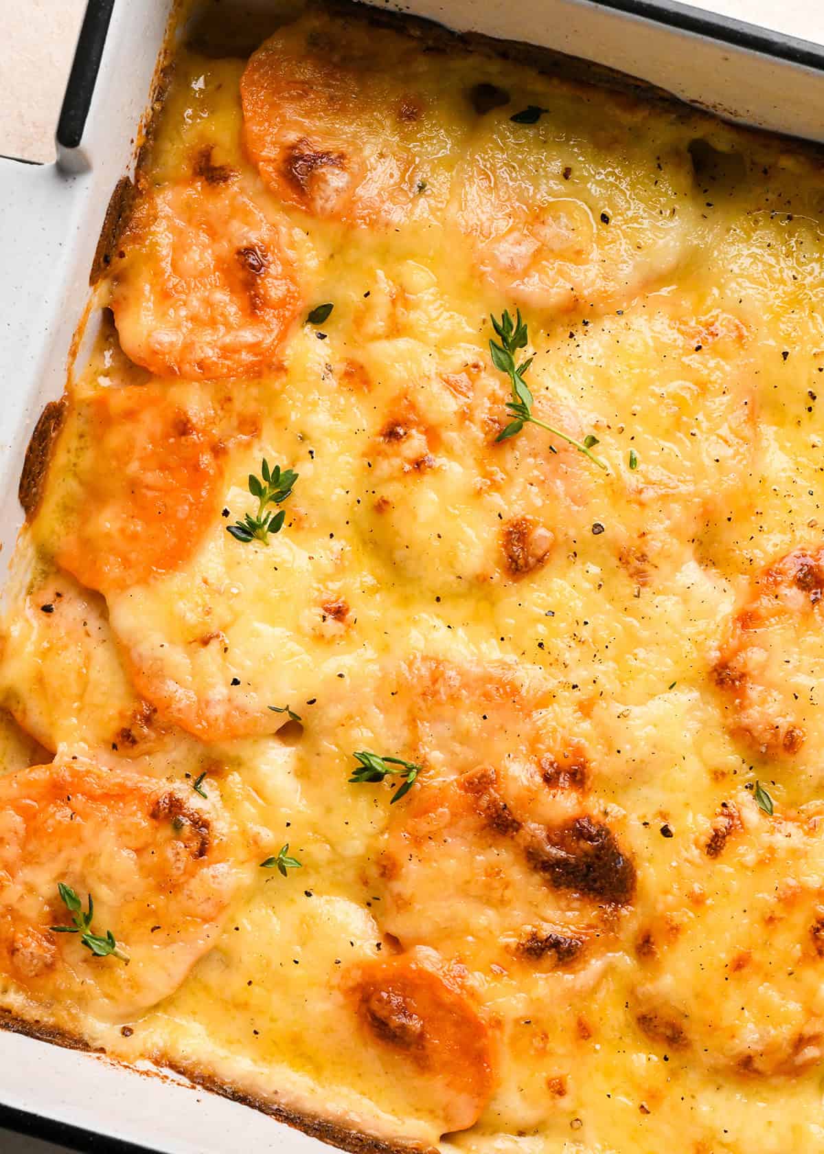 sweet potato gratin in a baking dish after baking  topped with melted cheese, fresh thyme and black pepper