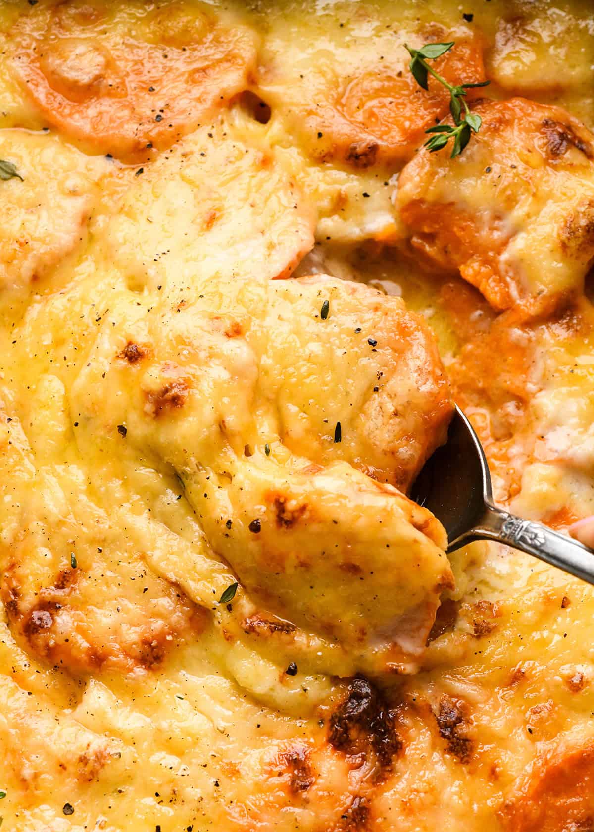 close-up of a silver spoon taking a scoop of sweet potato gratin in a baking dish after baking  topped with melted cheese, fresh thyme and black pepper