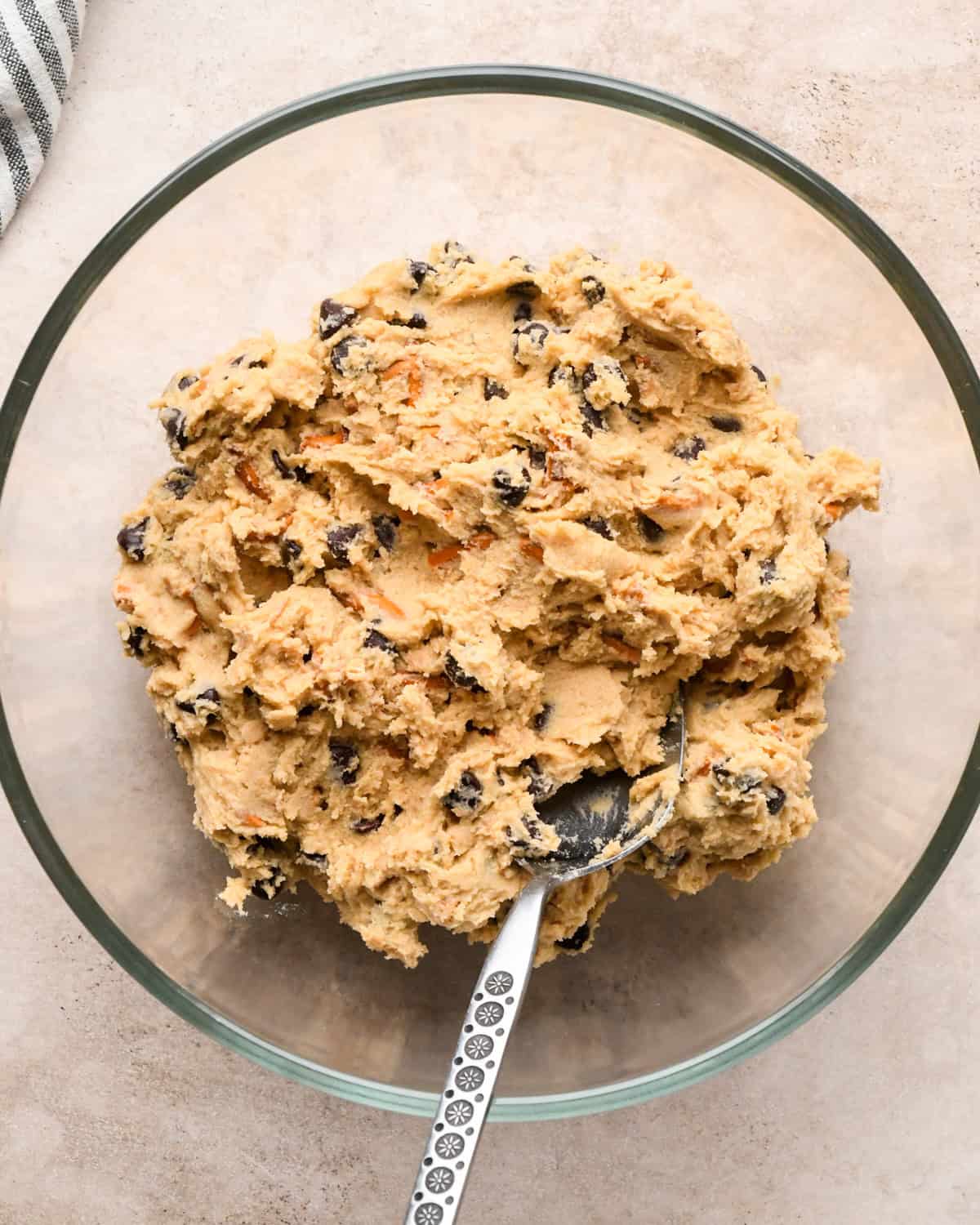 Making kitchen sink cookies - overhead photo of completed cookie dough, mixed together and ready to scoop.