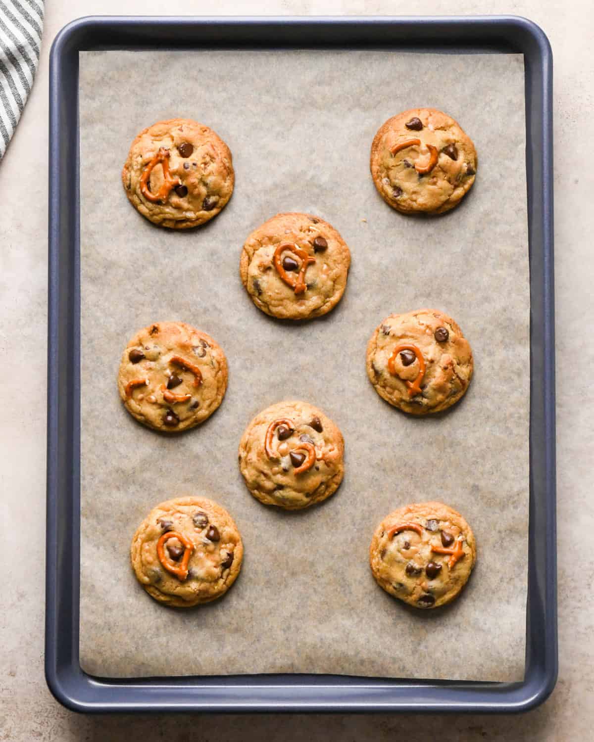 Making kitchen sink cookies - overhead photo of cookies after being baked in the oven.