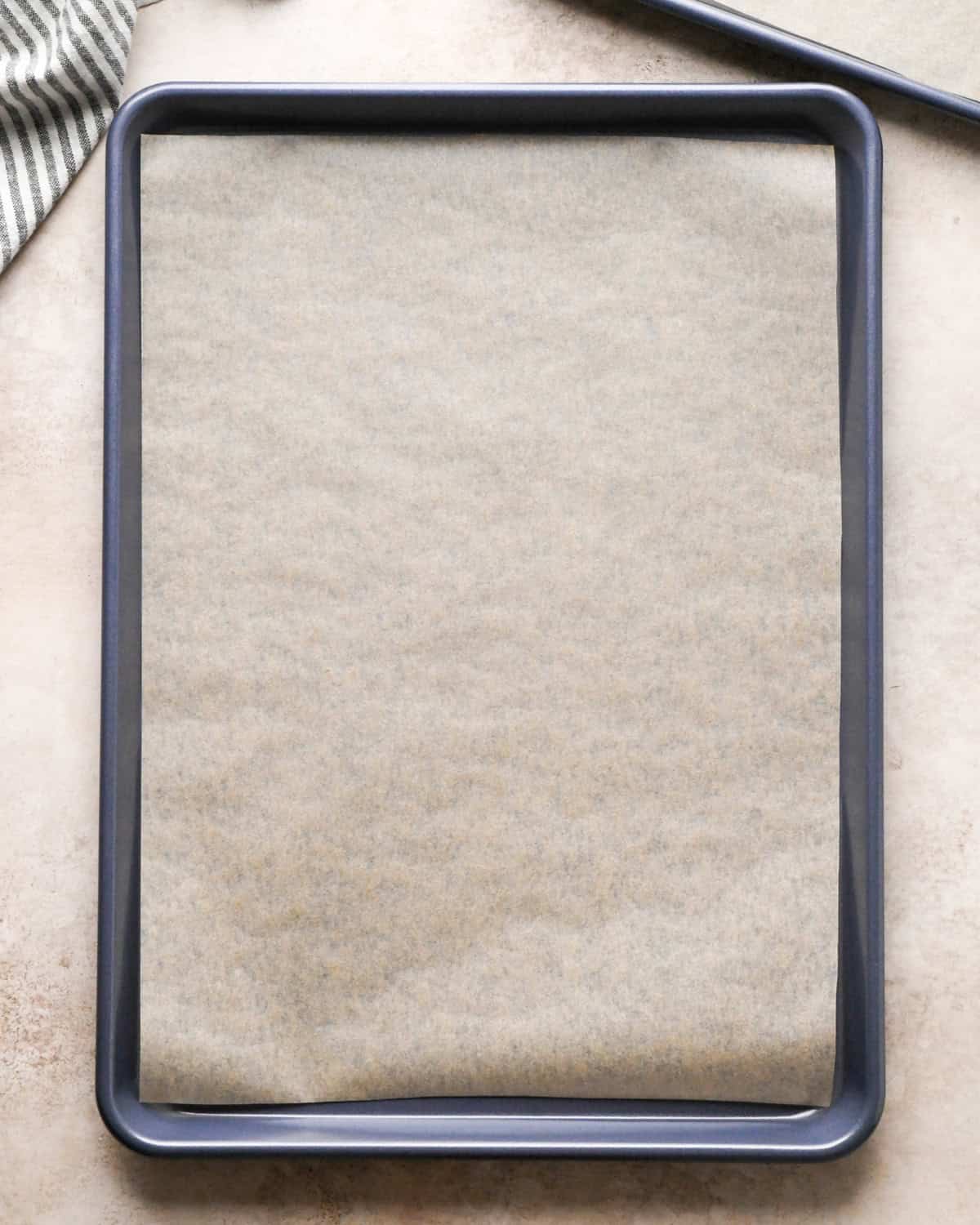 Making kitchen sink cookies - overhead photo of a baking sheet topped with parchment paper.