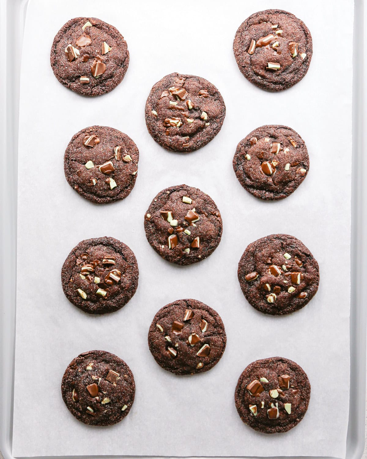 Making chocolate mint cookies - overhead photo of 11 chocolate mint cookie dough balls after baking in the oven.