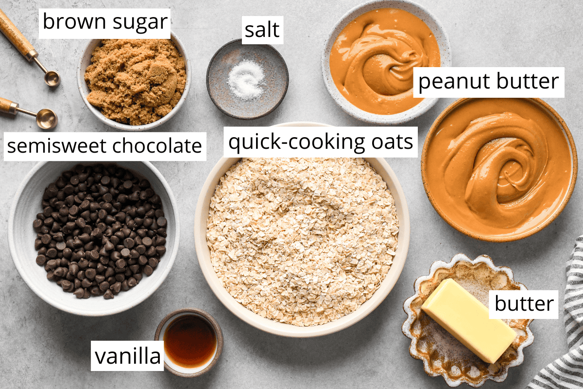 Top-down view of measured ingredients for peanut butter oatmeal bars, including quick-cooking oats, peanut butter, semisweet chocolate chips, brown sugar, butter, vanilla extract, and salt.