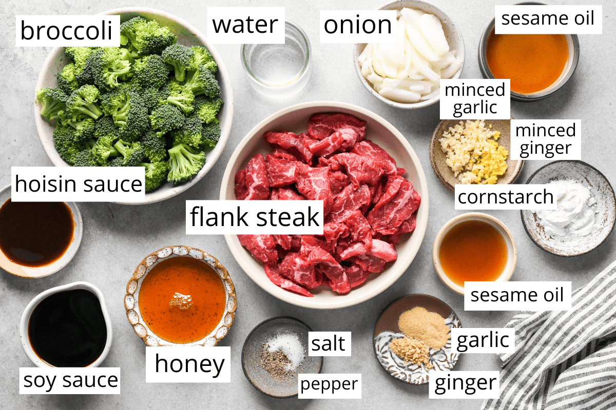 Overview photo of the ingredients for beef and broccoli stir-fry, including flank steak, broccoli, onion, garlic, ginger, soy sauce, hoisin sauce, honey, sesame oil, cornstarch, salt, pepper, and water.