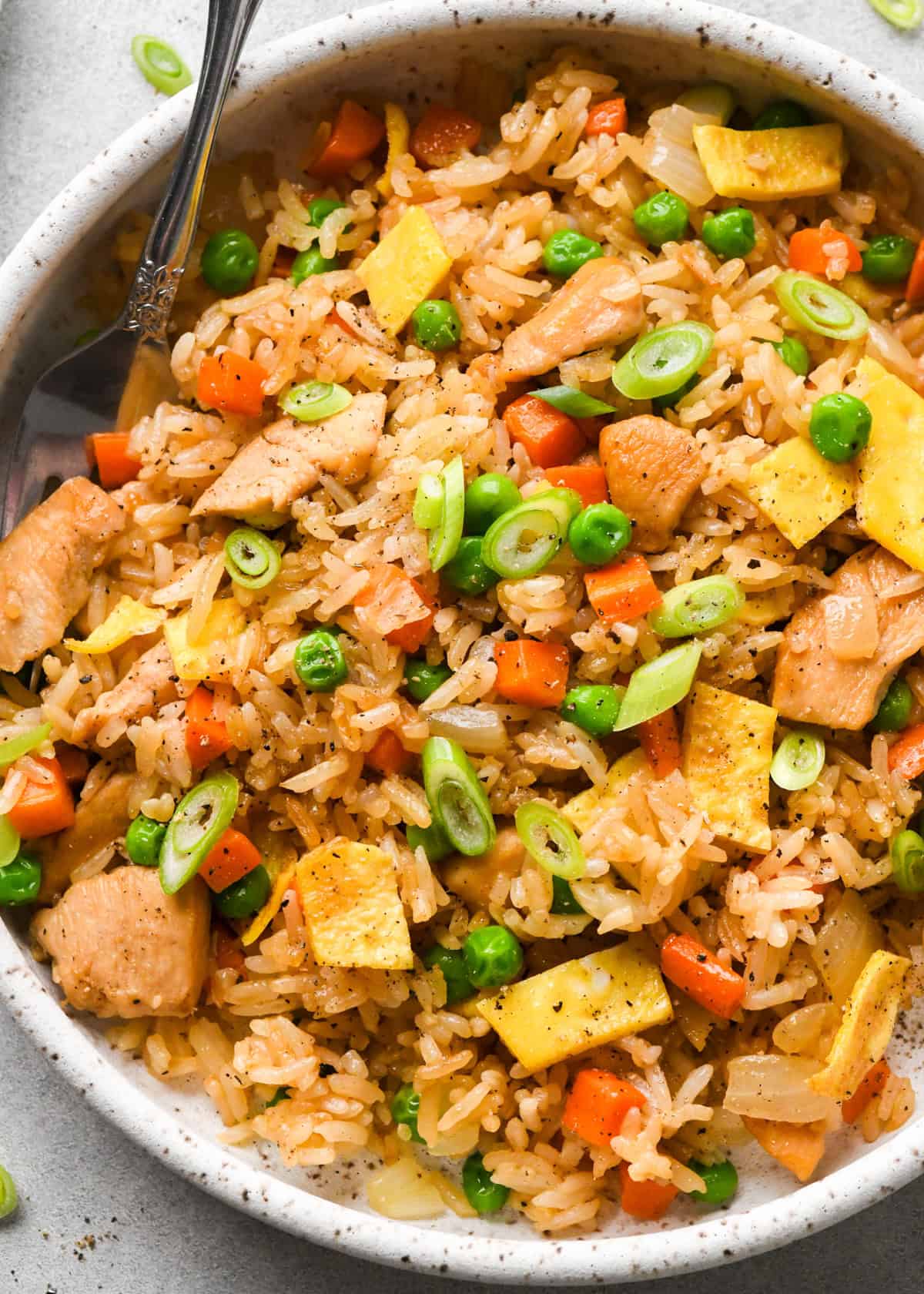 Making chicken fried rice: close-up photo of chicken fried rice in a white speckled bowl and topped with green onions, being eaten with a fork.