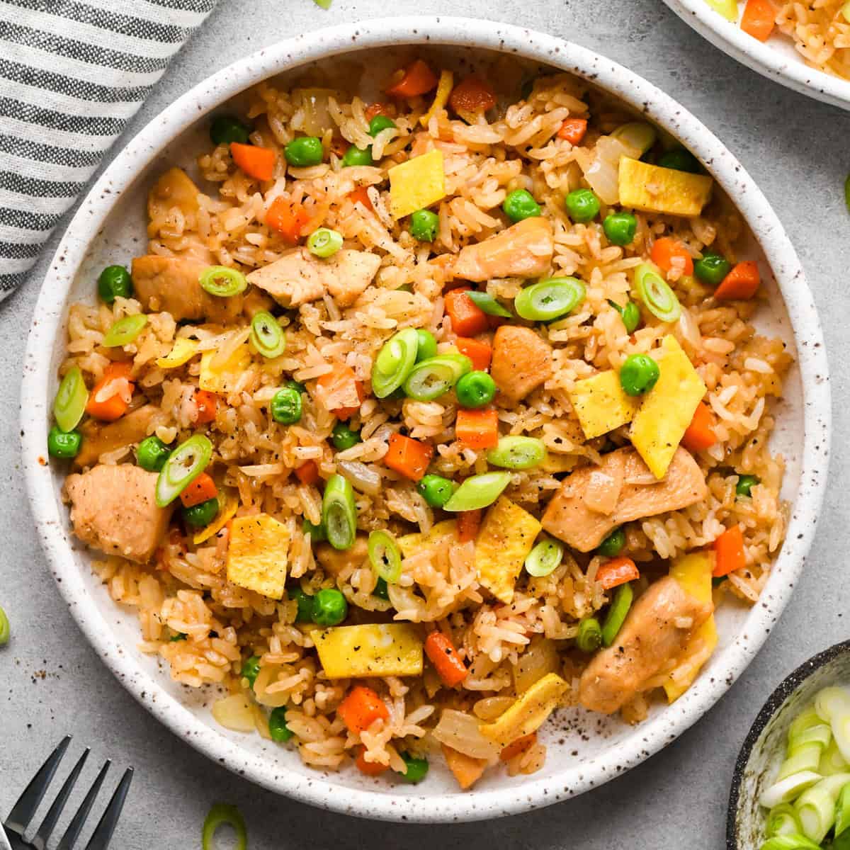 Making chicken fried rice: overhead photo of chicken fried rice in a white speckled bowl and topped with green onions.