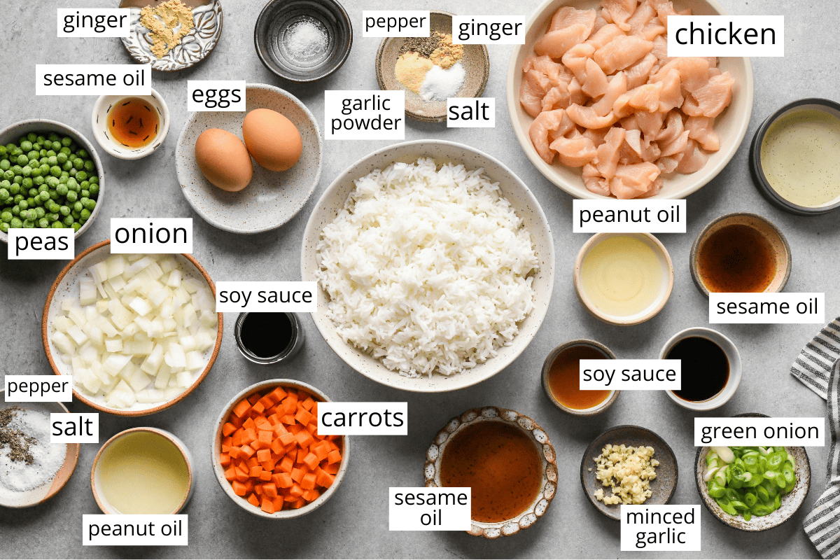 Overhead view of chicken fried rice ingredients, including bowls of diced chicken, cooked white rice, peas, carrots, chopped onion, green onion, eggs, soy sauce, sesame oil, peanut oil, minced garlic, ginger, garlic powder, salt, and pepper, all arranged neatly on a gray surface.