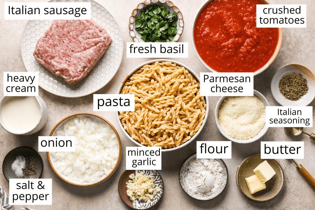 Top-down view of labeled ingredients for sausage pasta, including Italian sausage, pasta, crushed tomatoes, Parmesan cheese, heavy cream, onion, minced garlic, flour, butter, fresh basil, Italian seasoning, and salt and pepper, all arranged neatly on a countertop.