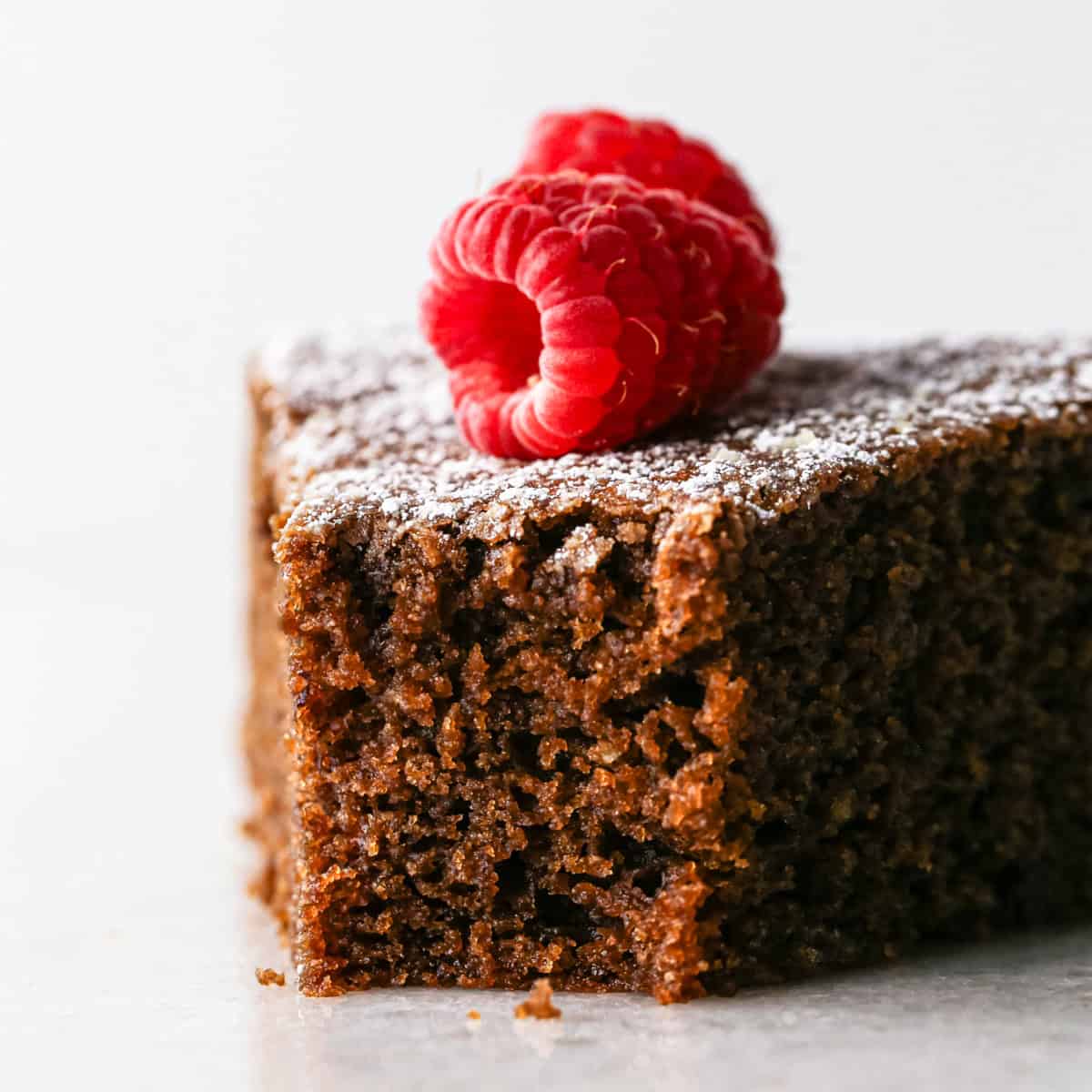 up close photo of a piece of olive oil chocolate cake with a bite taken out so the moist texture is visible, topped with powdered sugar and a red raspberry