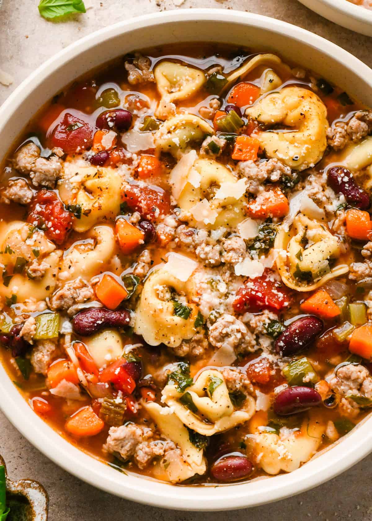 Close-up photo of a bowl of sausage tortellini soup with cheese-filled tortellini, crumbled sausage, carrots, celery, beans, and herbs in a rich tomato broth.