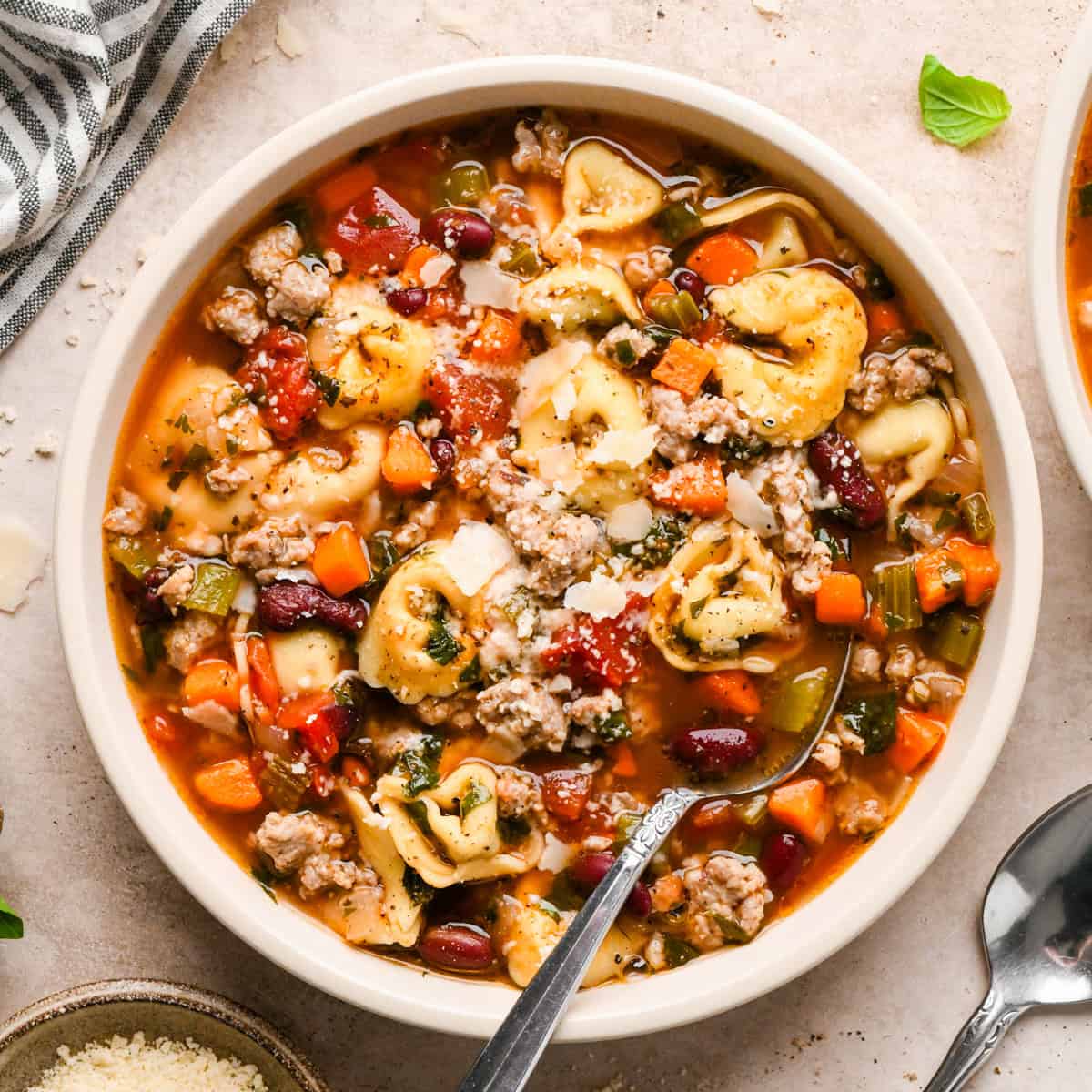 A bowl of sausage tortellini soup with cheese-filled tortellini, crumbled sausage, carrots, celery, beans, and herbs in a rich tomato broth, with a spoon resting inside the bowl.