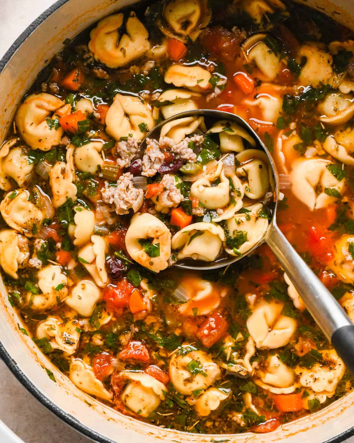 Close-up photo of a pot of sausage tortellini soup with cheese-filled tortellini, crumbled sausage, carrots, celery, beans, and herbs in a rich tomato broth, being scooped with a ladle.