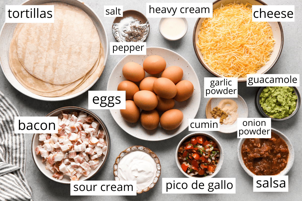 overhead photo of the ingredients in this breakfast quesadilla recipe in bowls and labeled like eggs, tortillas, cheese, bacon, and more