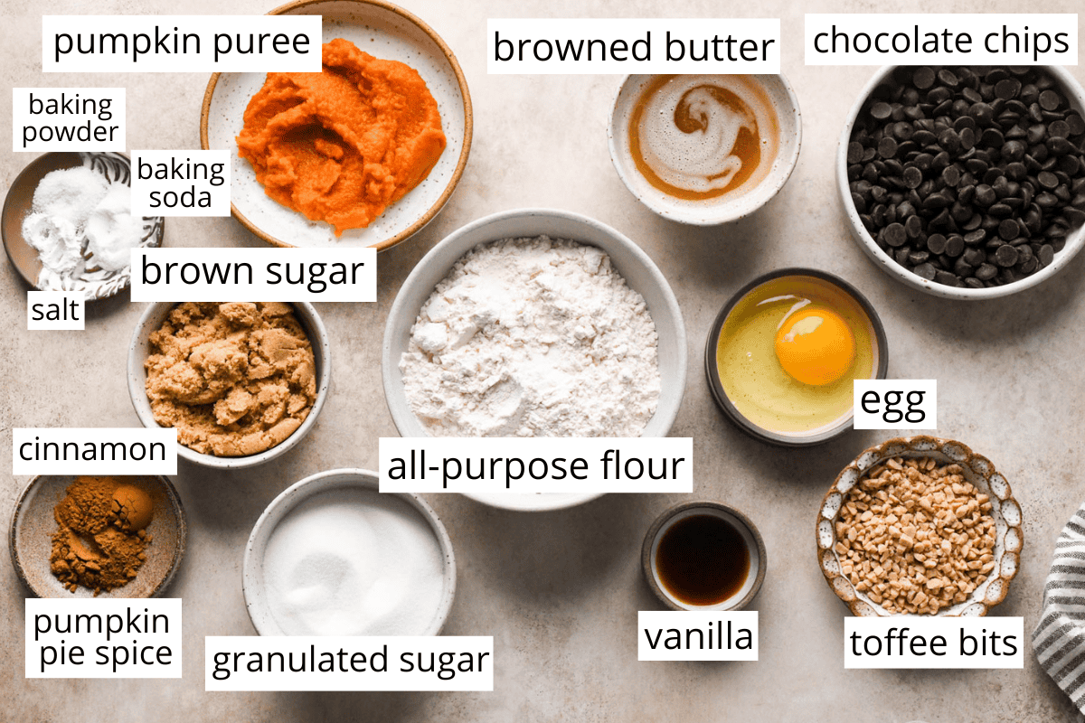 overhead photo of the ingredients in this brown butter pumpkin cookies recipe all in bowls and labeled like pumpkin puree, brown butter, egg, flour, browns sugar, toffee bits, chocolate chips and more