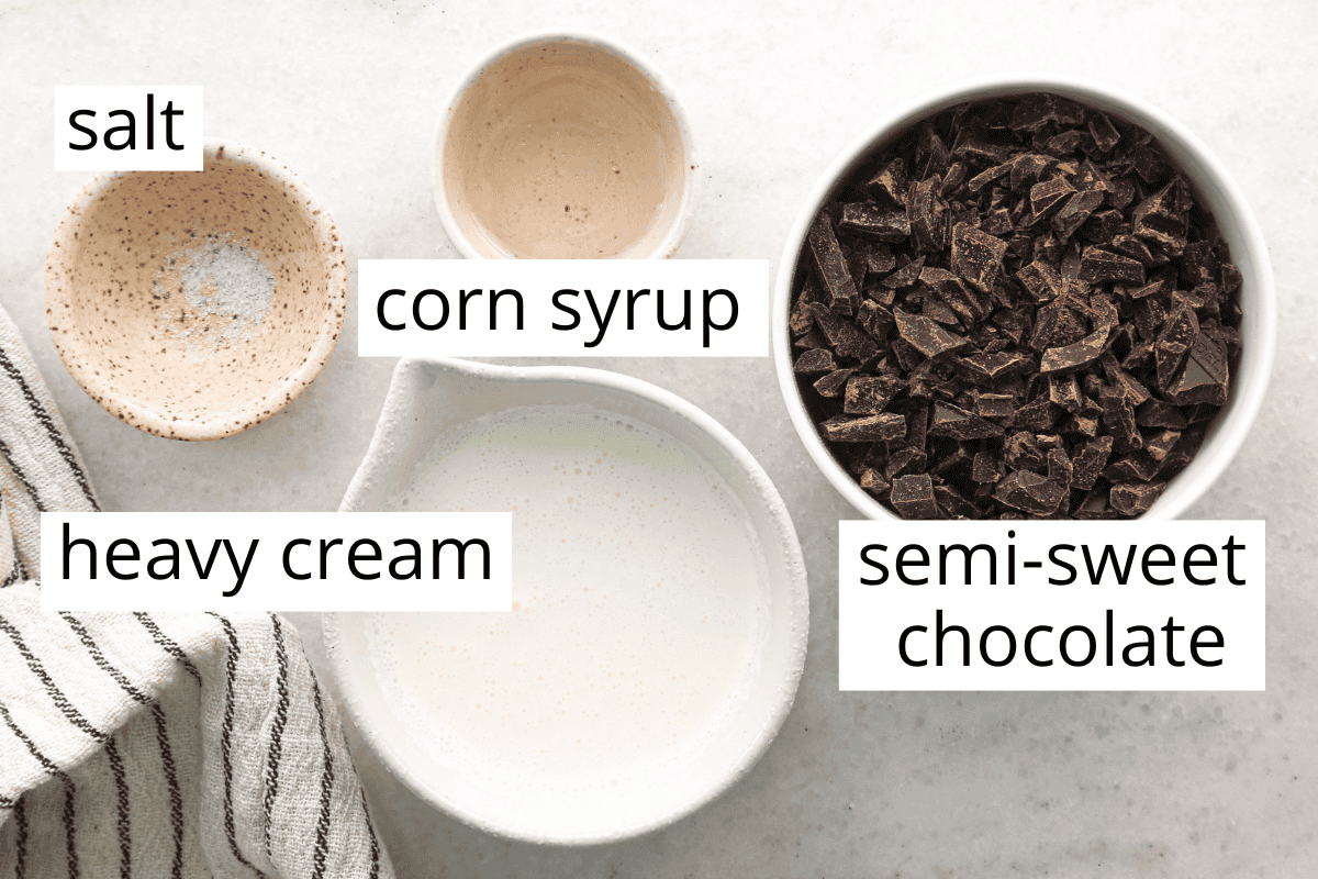 overhead photo of the ingredients in this chocolate glaze recipe in a bowls and labeled