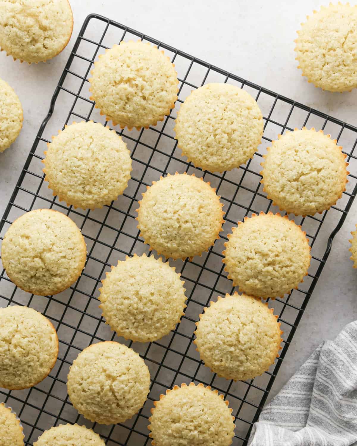 Making coconut cupcakes: overhead photo of completed, baked coconut cupcakes sitting on a black wire cooling rack.