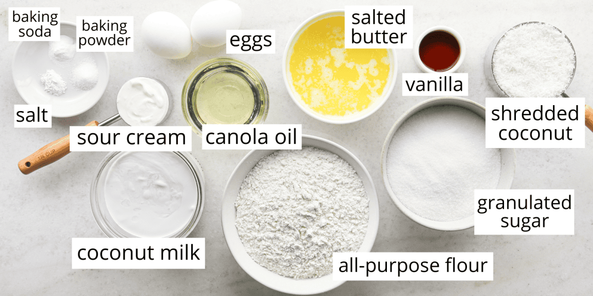 Overhead view of labeled ingredients for coconut cupcakes arranged on a light surface, including all-purpose flour, granulated sugar, shredded coconut, coconut milk, sour cream, canola oil, melted salted butter, eggs, vanilla, baking powder, baking soda, and salt.