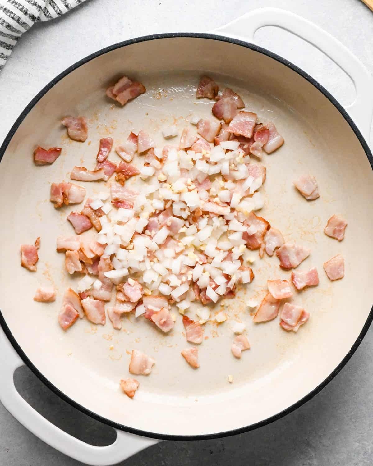 making cottage cheese egg bites - bacon in a pan with onion and garlic