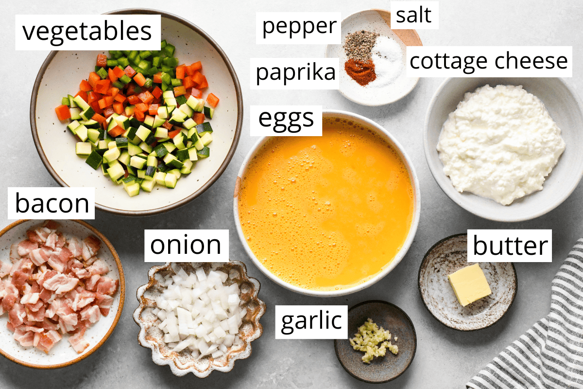 overhead photo of the ingredients in this cottage cheese egg bites recipe all in bowls and labeled like eggs, vegetables, bacon, onion, garlic, butter, cottage cheese and spices.