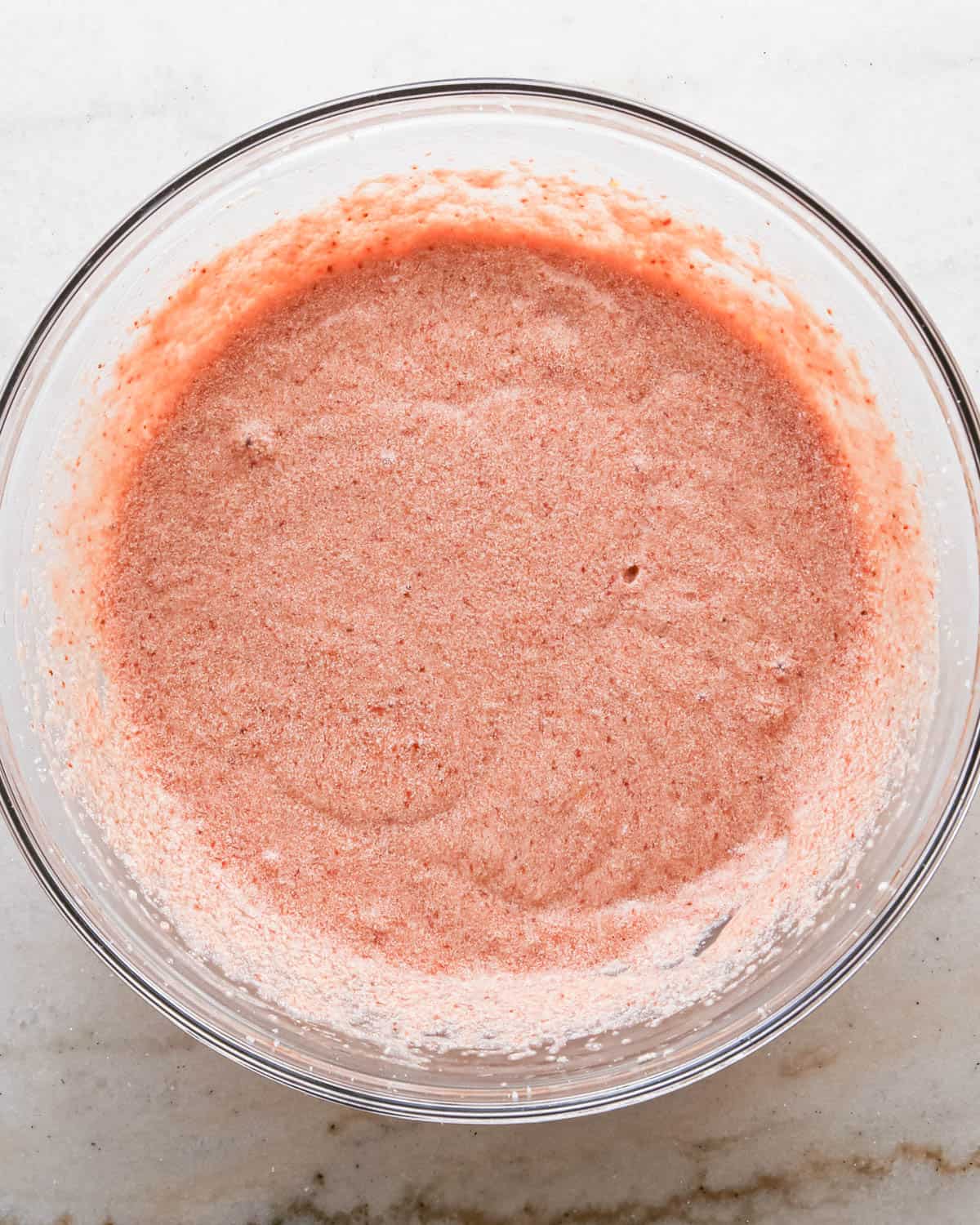 making strawberry cake - wet ingredients in a glass bowl