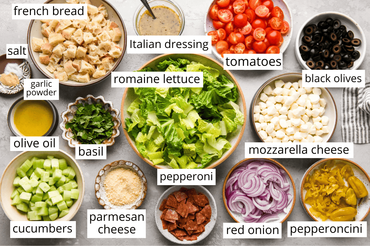 overhead photo of the ingredients in this italian salad recipe in bowls and labeled like lettuce, bread, tomatoes, black olives, cucumbers, parmesan cheese, mozzarella cheese, red onion and pepperoni.